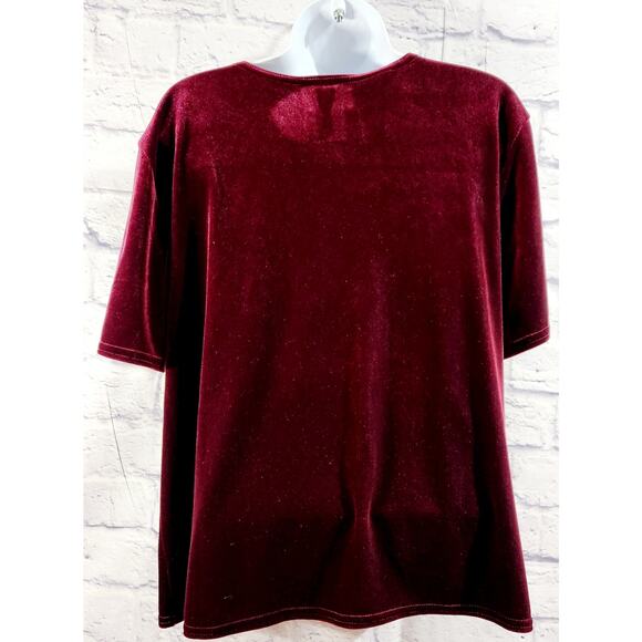 Kathie Lee Burgundy Velour Glitter Floral Design Bodice Top XL Lightweight Soft - Picture 3 of 5